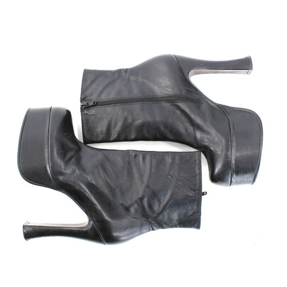 VTG 90s Luichiny Platform Boots Black Leather Mid-calf Spool Heel Round  37/7.5 - Picture 7 of 16